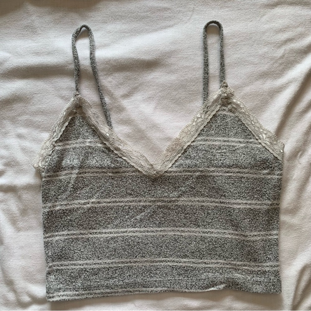 Striped Knit Lace-Trim Cami Top - Gray & Cream - Picture 1 of 5